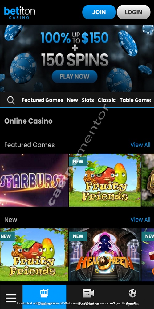 Betiton Casino: Homepage Mobile