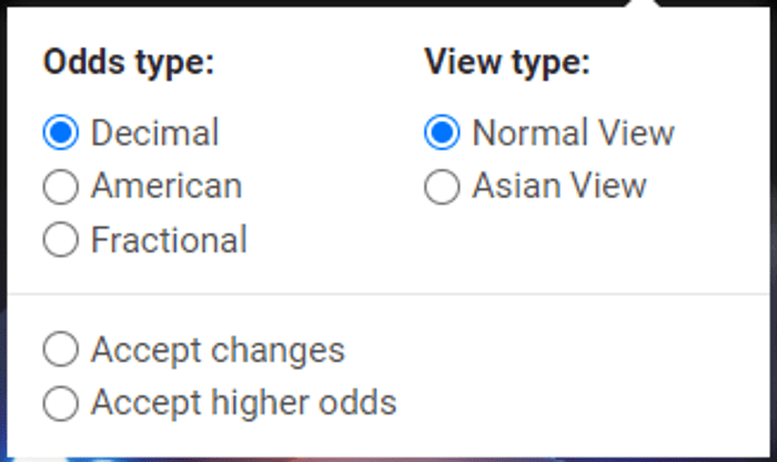 Cbet american, decimal and fractional odds, with normal and asian view