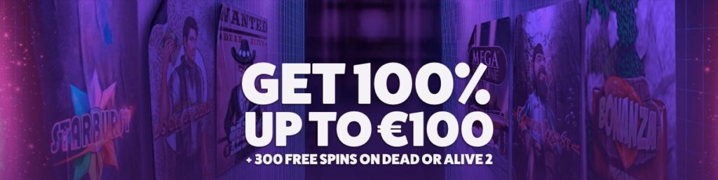 frank and fred casino welcome offer banner showing the 100% up to €100 bonus