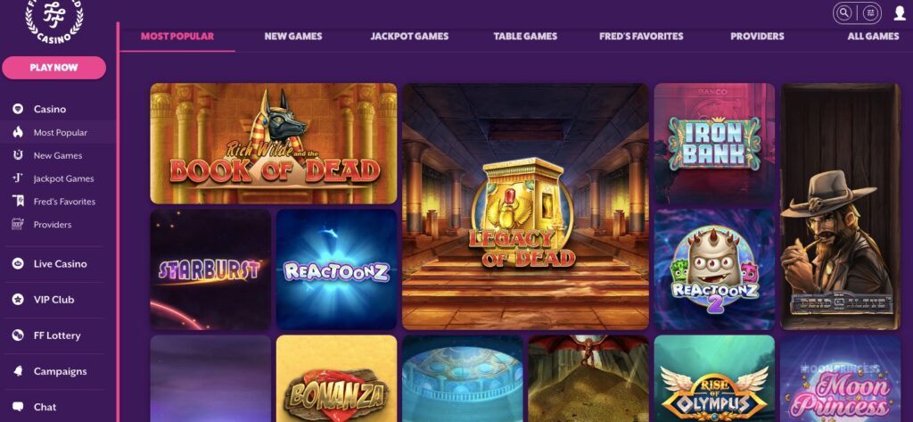 frank and fred online casino most popular games visible like book of dead starburst reactoonz bonanza and more 