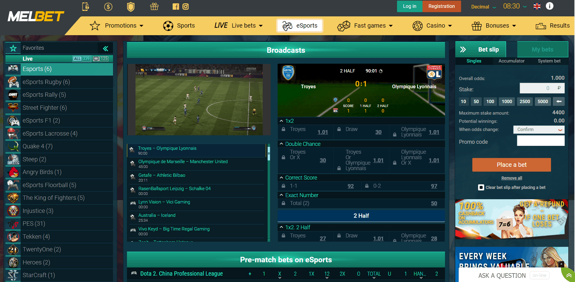 screenshot of melbet esports betting options