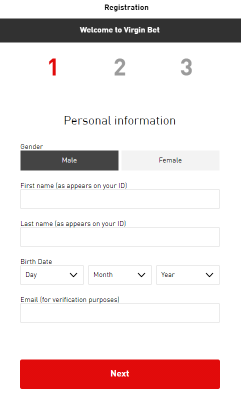 Virgin Bet registration form