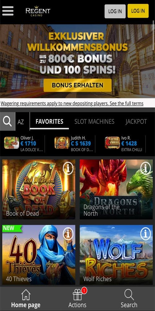 Regent Casino: Homepage Mobile