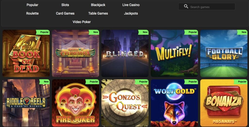 screenshot from the game lobby at swift casino showing popular slot games like book of dead fire joker and bonanza 