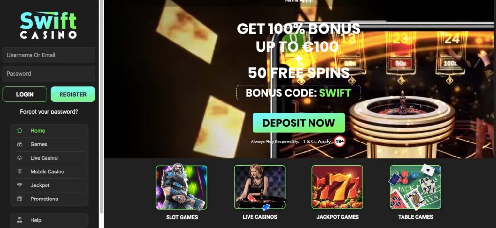 swift casino desktop start page