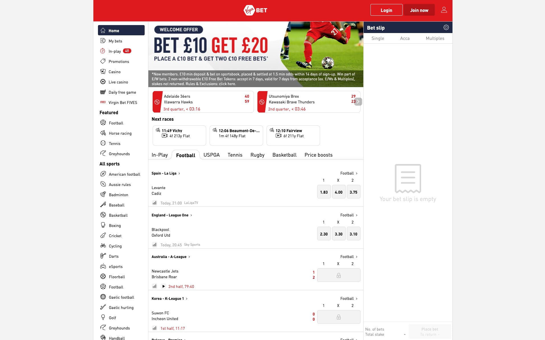 Virgin Bet home page