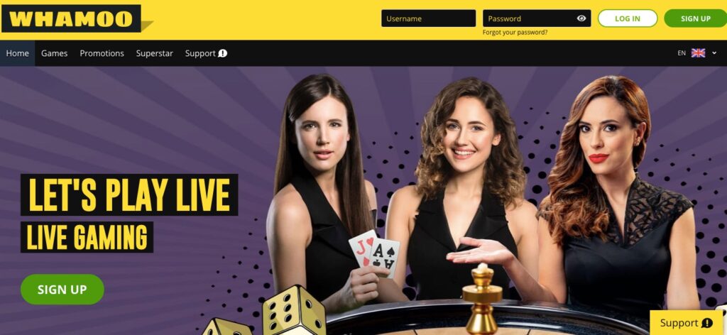 whamoo online casino start page showing live dealers