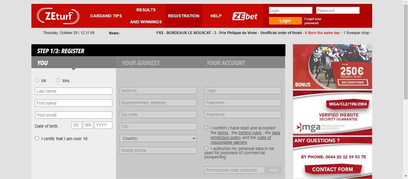 Zeturf sportsbook registration page